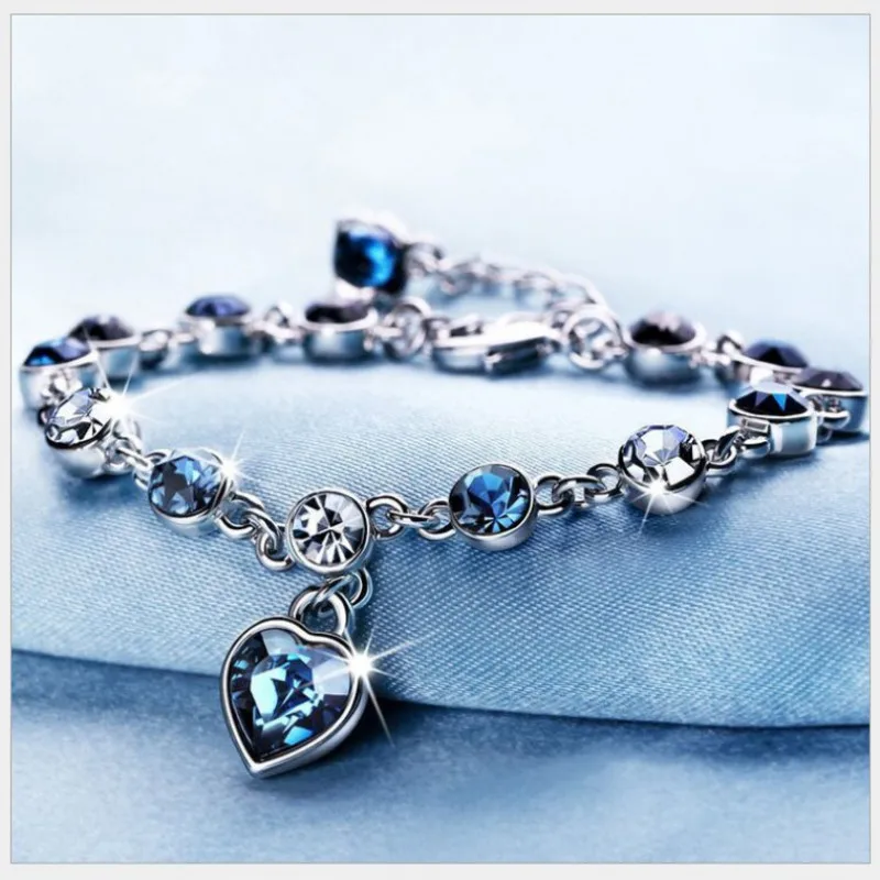 

Ocean Heart Blue High Quality Crystal Heart Bracelet Set with Diamonds Fashion Novel Women's Bracelet Engagement Party Gift
