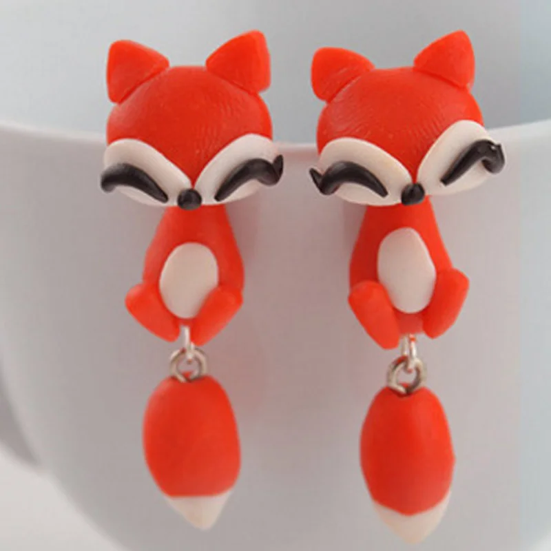 Серьги-гвоздики ручной работы из полимерной глины в виде лисы милые серьги с