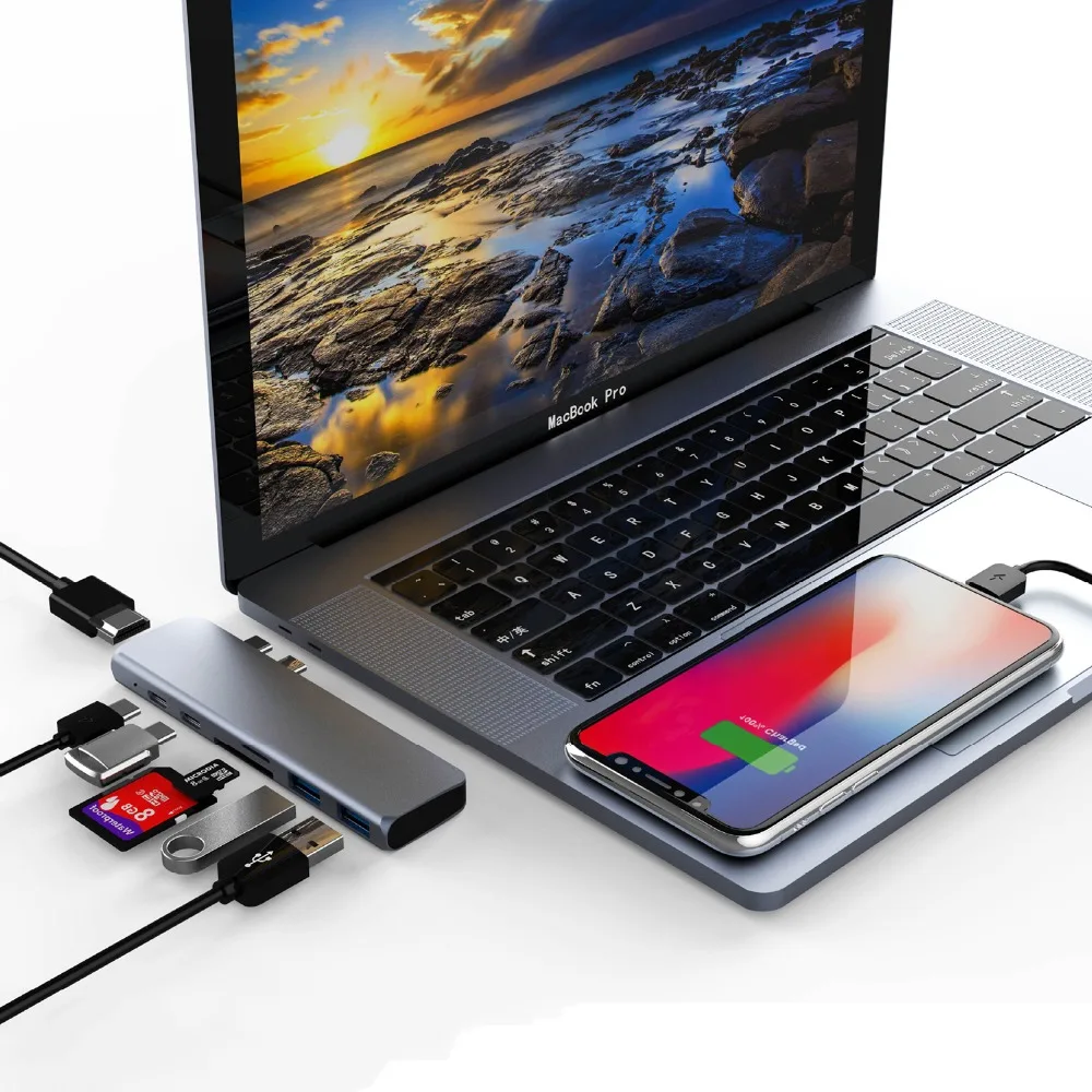 USB C концентратор type C Thunderbolt 3 адаптер USB-C док-ключ с HDMI 4K PD USB 3,0 SD TF кард-ридер для MacBook Pro Air 13 15