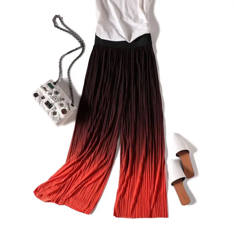 

New Summer Women Chiffon Wide Leg Pant Fashion Ankle-Length Pleated Pant Female Eastic Waist Thin Pants Trousers