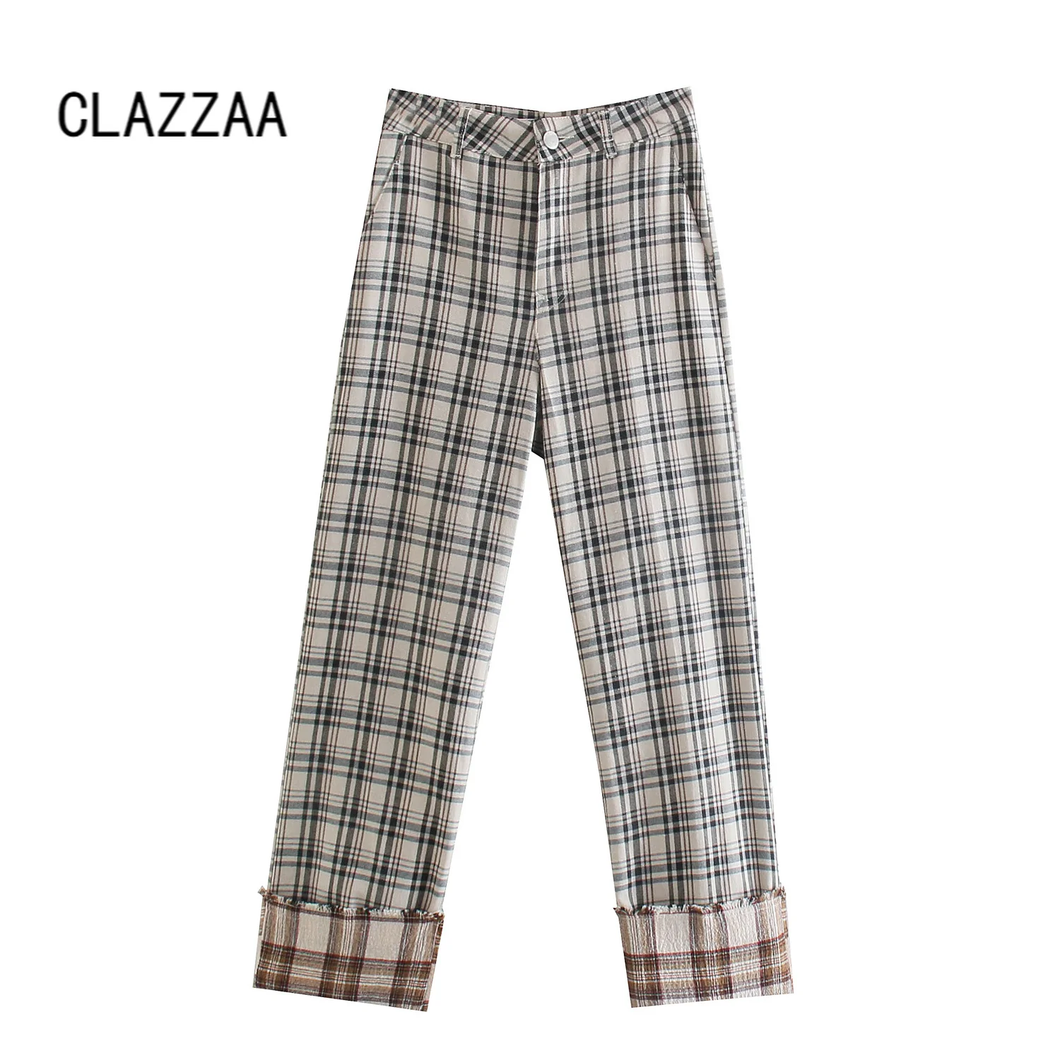 

Clazzaa Women Fashion Straight Checked Trousers High-waist Contrast Frayed Turn-up Hems Vintage Chic Lady Pants Female