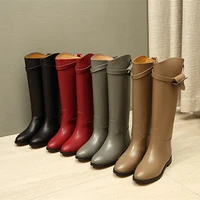 fashion classical genuine leather long boots sexy woman motorcycle booties belt strap metal shark lock flat heel knee high boots
