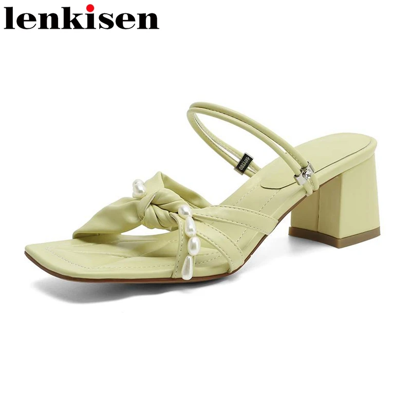 

lenkisen 2021 comfortable high quality pearl high heel peep toe concise summer shoes mules elegant office lady women sandals L70