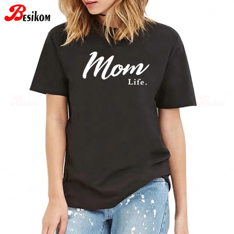 Besikom 100% хлопковая Футболка женская забавная футболка с надписью Mom Life летняя