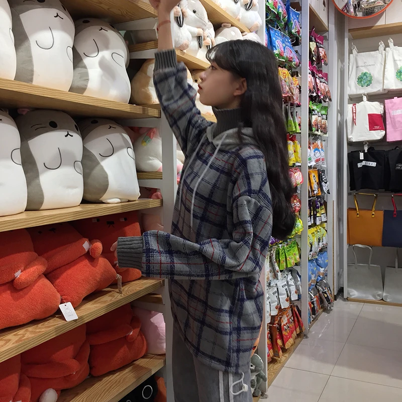 Harajuku флисовые кофты Женские клетчатые водолазки толстовки женские с длинным рукавом Повседневные Большие размеры пуловер с капюшоном одежда толстовка