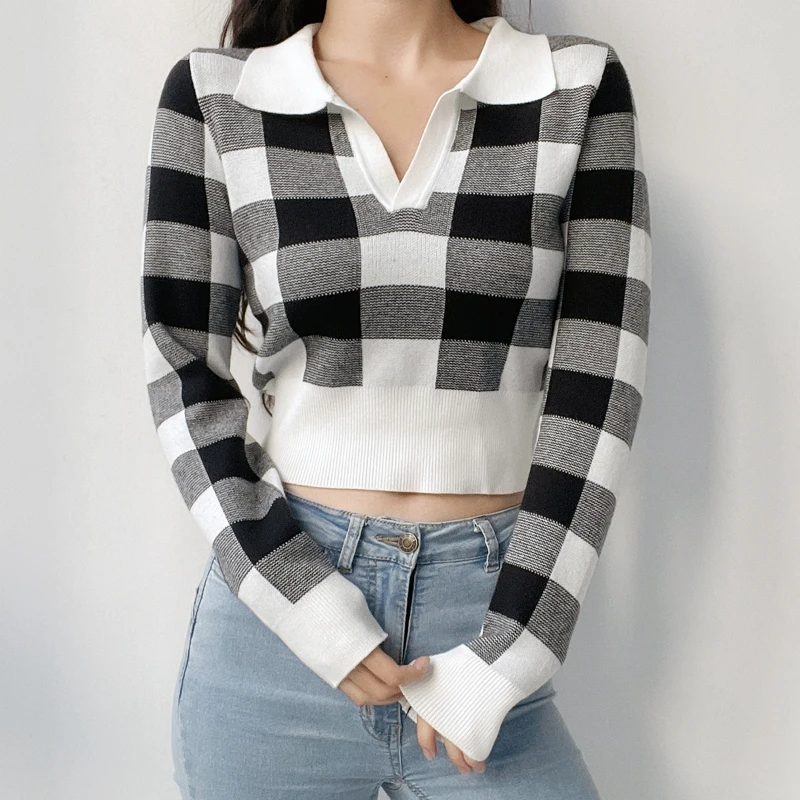 

Women Open Collar Check Knit Crop Top Knitted Polo Crop Jumper