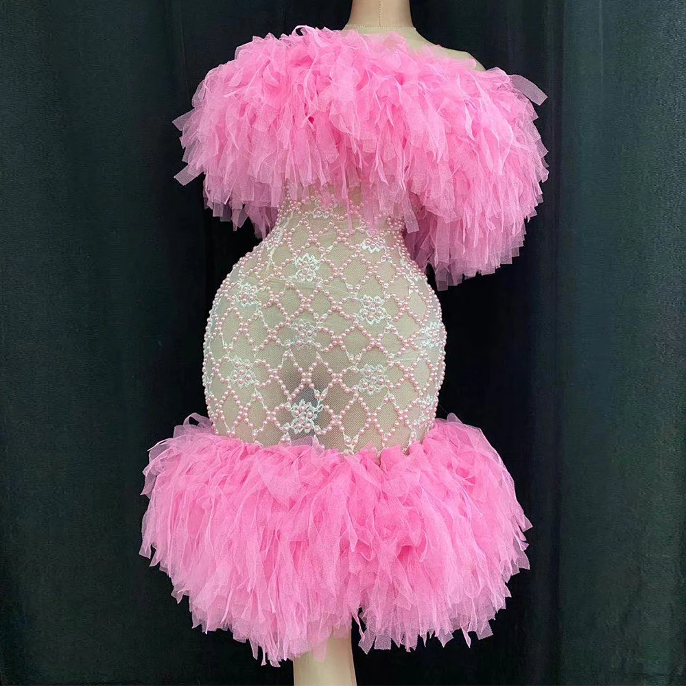 

Pink Dress Women Pearl Mesh See through Sexy Strapless Tight nightClub Birthday Party Dress Prom Stage dance Costume performance