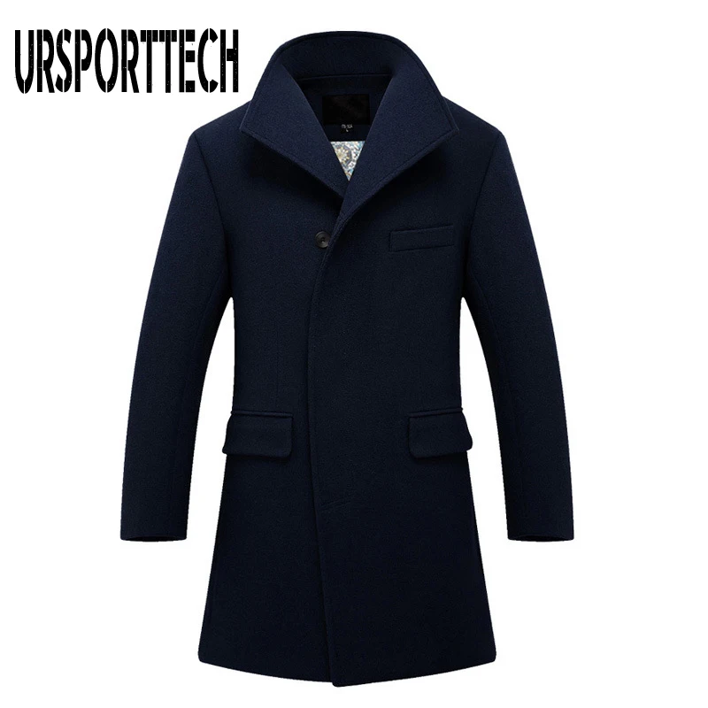 URSPORTTECH Winter New Mens Wool Blend Coats High Quality Men's Fashion Business Casual Wool Overcoat Long Section Wool Coat Men