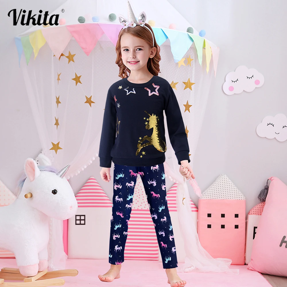 VIKITA Children Clothing Sets Winter Girls Sweatshirt and Pants Sequin Unicorn Kids Tops Wear With Cotton Leggings 2pcs Outfits