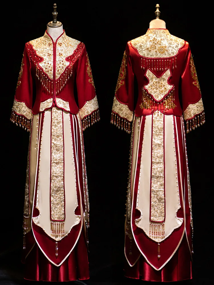 Vintage Embroidery Beading Tassle Chinese Traditional Couple Wedding Suit Cheongsam Elegant Bride Qipao Dress китайская одежда