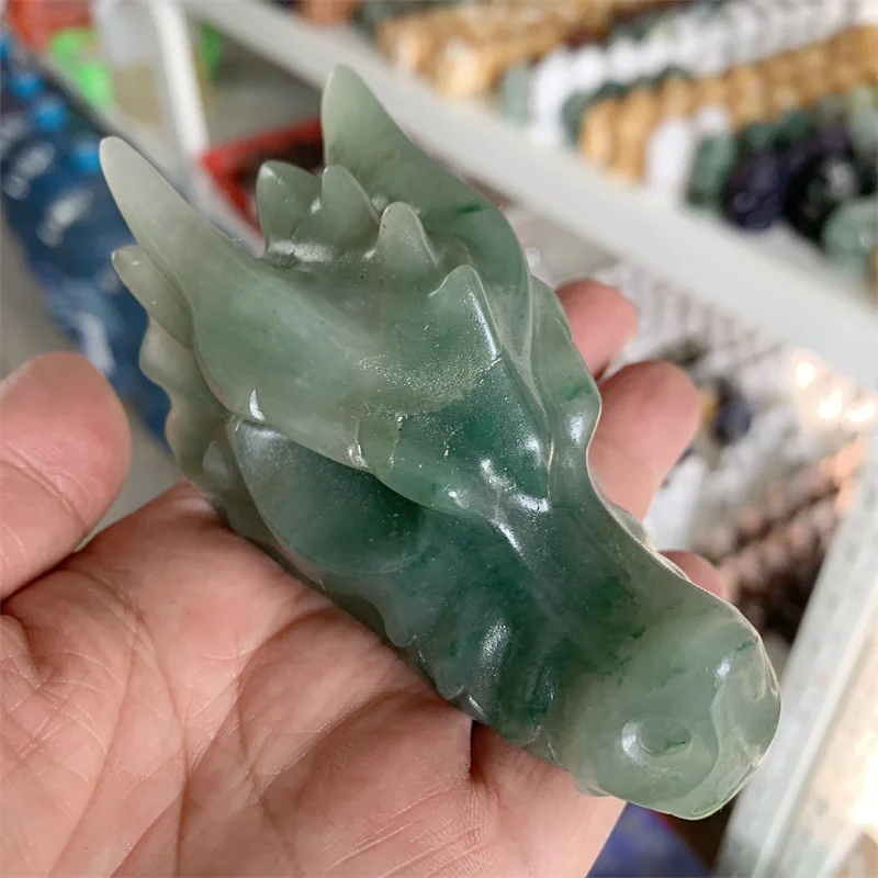 

Natural Green Aventurine Crystal Handmade Carved Dragon Head Skull Polished Animal Powerful Statue For Home Decoration Gift