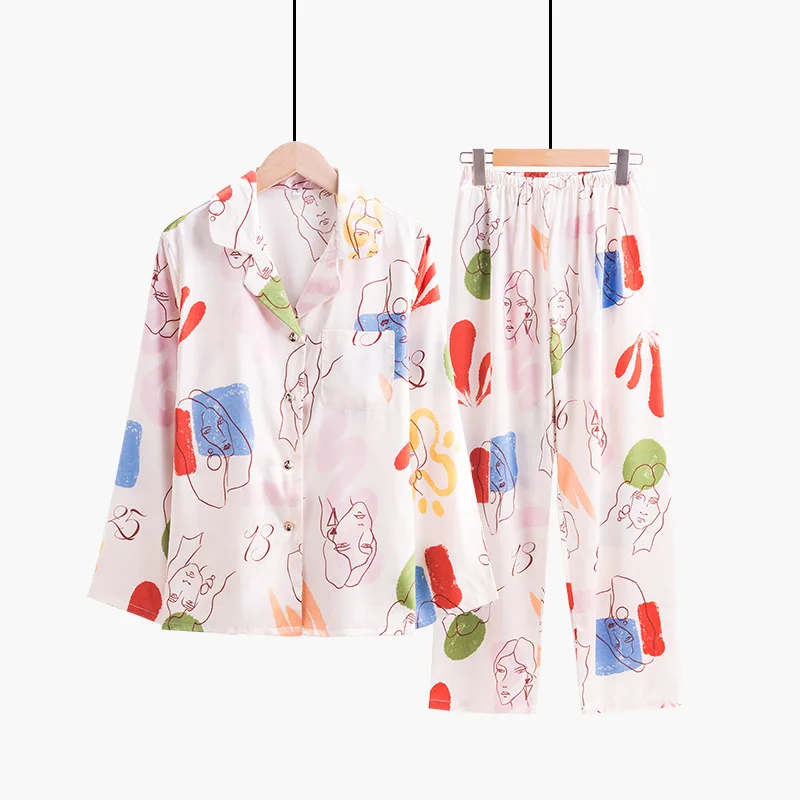 

2020 Summer Women's Pajamas Sets Graffiti Fashion Female Faux Silk Two Pieces Shirts + Pants Nighties Sleepwear Pyjamas Femme