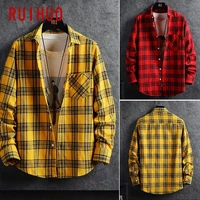 ruihuo casual plaid shirts for men clothing yellow plaid shirt men long sleeve shirt for men fasion m 4xl 2021 new arrival
