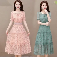 printing ruffles sweet floral chiffon dress women fashion elegant big size party dress ladies korean summer o neck slim dresse