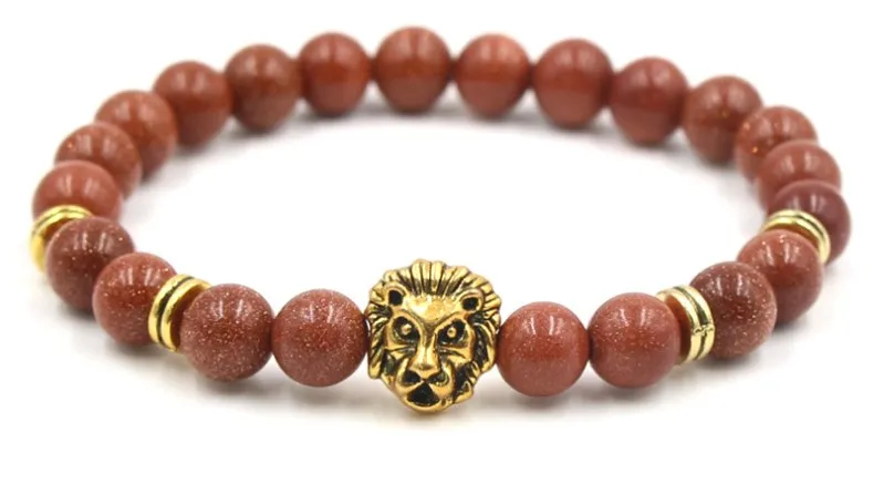 

8mm r5g2 elastic adjusted Macrame Charm nature Sandstone Lion head Charm Bracelet