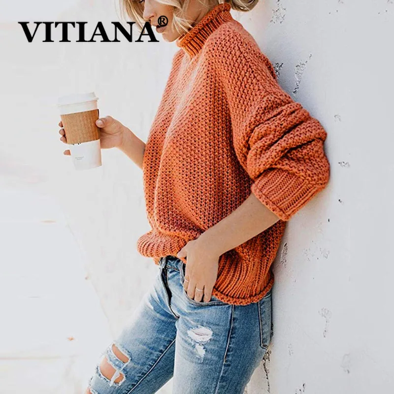 VITIANA 2019 осенне-зимний Повседневный вязаный свитер Женская водолазка с длинным