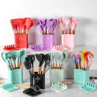 silicone cooking utensils set non stick spatula shovel wooden handle cooking tools set with storage box kitchen tools