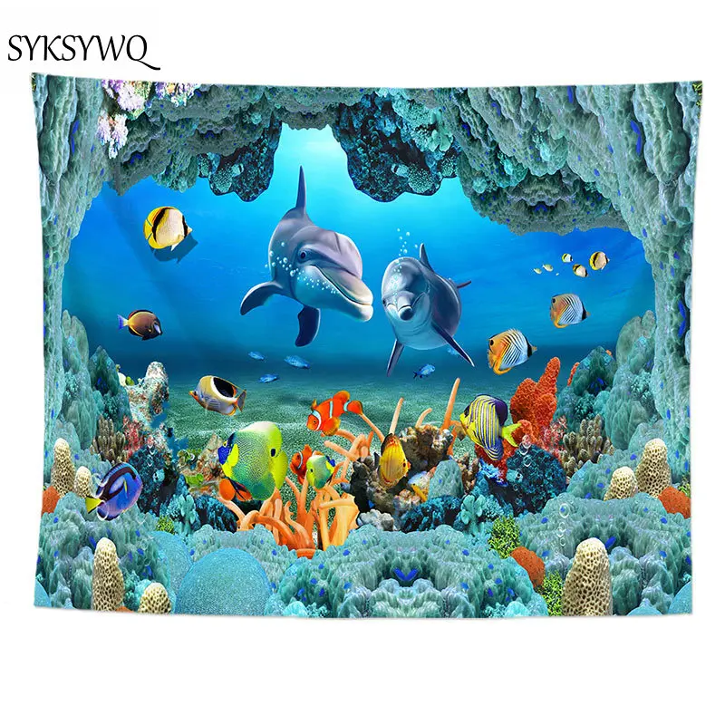 Синий Гобелен ткань для стены с морской рыбой декор спальни Настенный Ковер