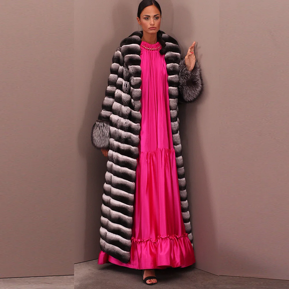 2022 Winter Real Rex Rabbit Fur Coat Lapel Collar 130cm Long Women Genuine Rex Rabbit Fur Coats with Silver Fox Fur Sleeve Cuffs