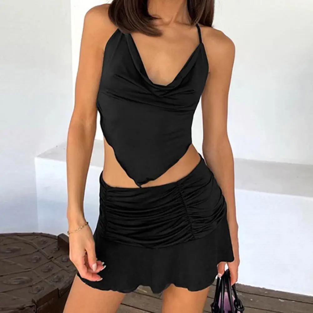 

Mini Skirt Cozy Women Ruched A-Line Skirt with Bandage Tank Top Short Skirt for Dating