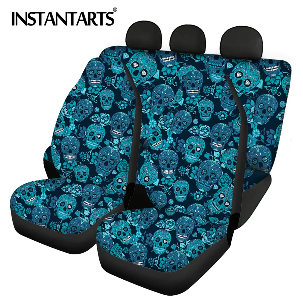 

INSTANTARTS Fashion Rose Sugar Skull Design Front&Rear Car Seat Cover Easy to Install Universal Car Seat Covers for Most of Car