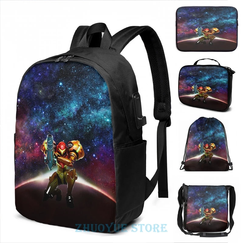 Забавный графический принт Metroid Samus Return USB зарядка Рюкзак Мужские школьные сумки