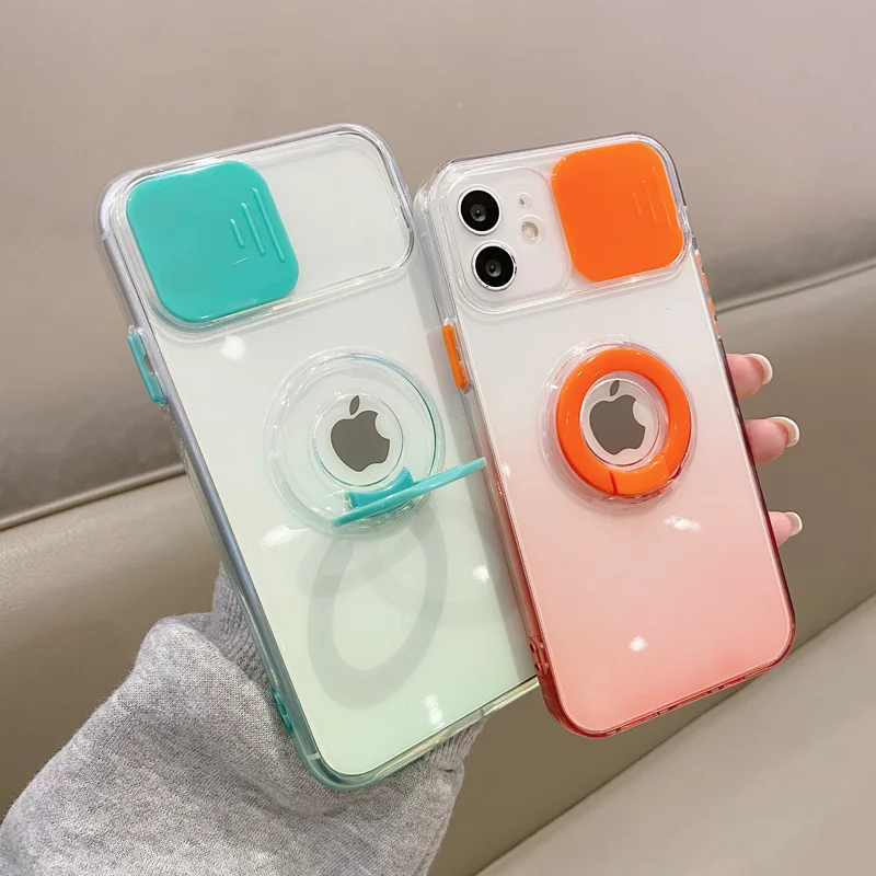 

Gradient Transparent Camera Protection Phone Case For iPhone 12 11 Pro Max Mini X XR XS Max 7 8 Plus SE2 Ring Holder Soft Cover