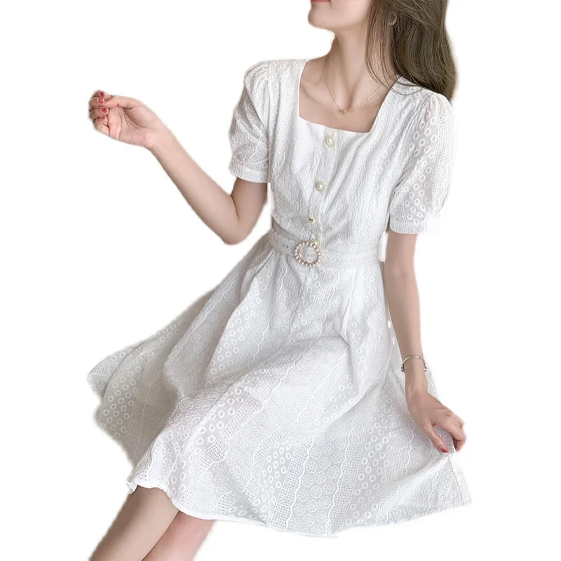 

French First Love Square Collar Dress Women's 2021summer New Temperament Waist-Controlled Slimming Puff Sleeve Large Swing Skirt