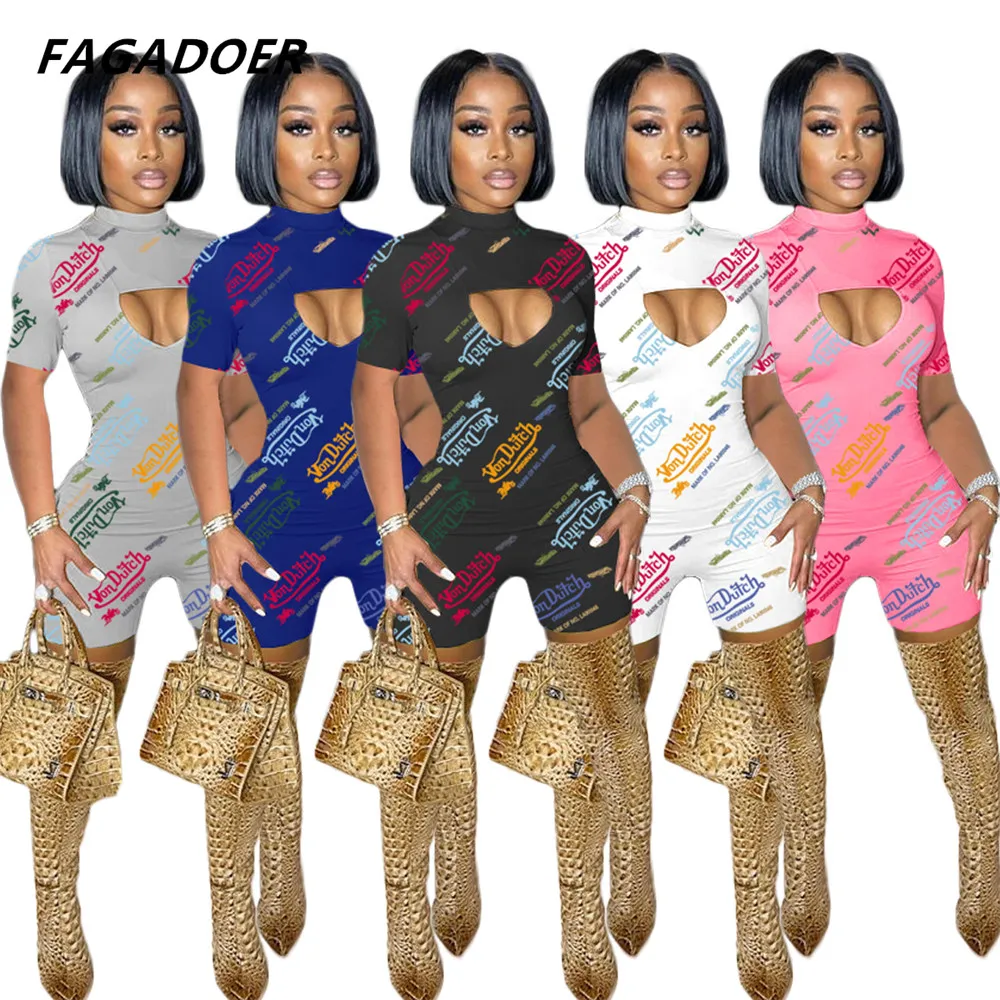 

Fagadoer Hollow Out Rompers Womens Jumpsuit High Neck Letter Print Bodycon Party Jumpsuits Sexy Von Dutch Outfits 2021 Clubwear
