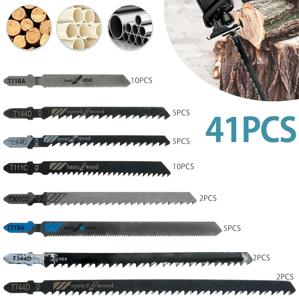

Набор лезвий для джиг-пилы, комплект из 41 джиг-пилы HCS/HSS T хвостовик для резки дерева, пластика, металла, T744D/T344D/T301CD/T111C/T118A/T144D/T244D/T318A