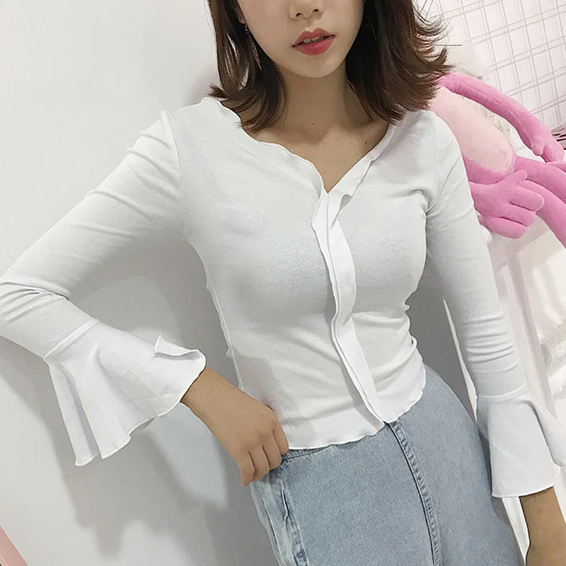 Осенняя шифоновая женская футболка с длинным рукавом и v-образным вырезом