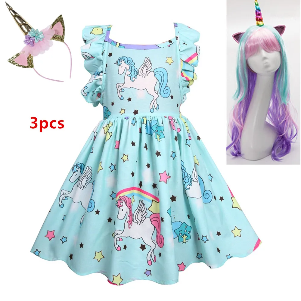 f36004-3pcs Vestidos/летнее платье для девочек коллекция года, брендовый Единорог для вечеринки с открытой спиной, платье принцессы Детский костюм, детская одежда розовый+ парик - Цвет: f36004-3pcs