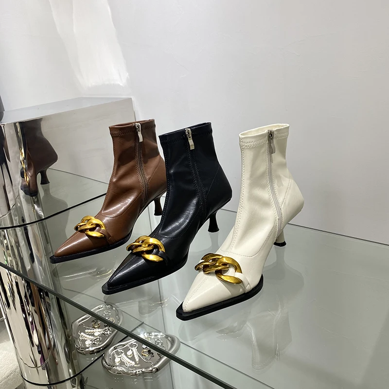 

Pointed Toe Women Ankle Boots Gold Chain Decoration Thin High Heels Stretch Botas Black/Beige/Brown Side Zipper Autumn Booties