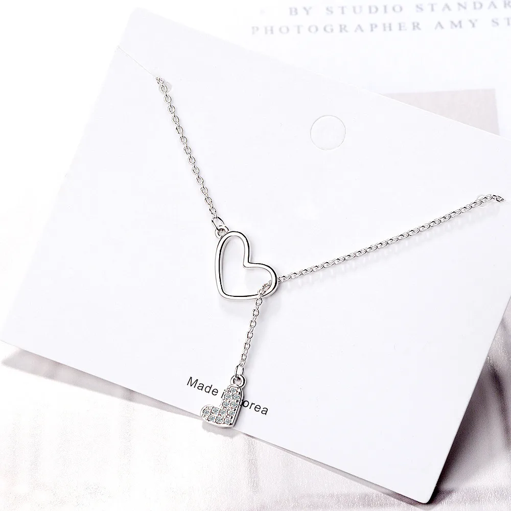 

925 Sterling Silver Adjustable Crystal Double Heart Charm Pendant Necklace For Women Wedding Jewelry Choker Collar dz255