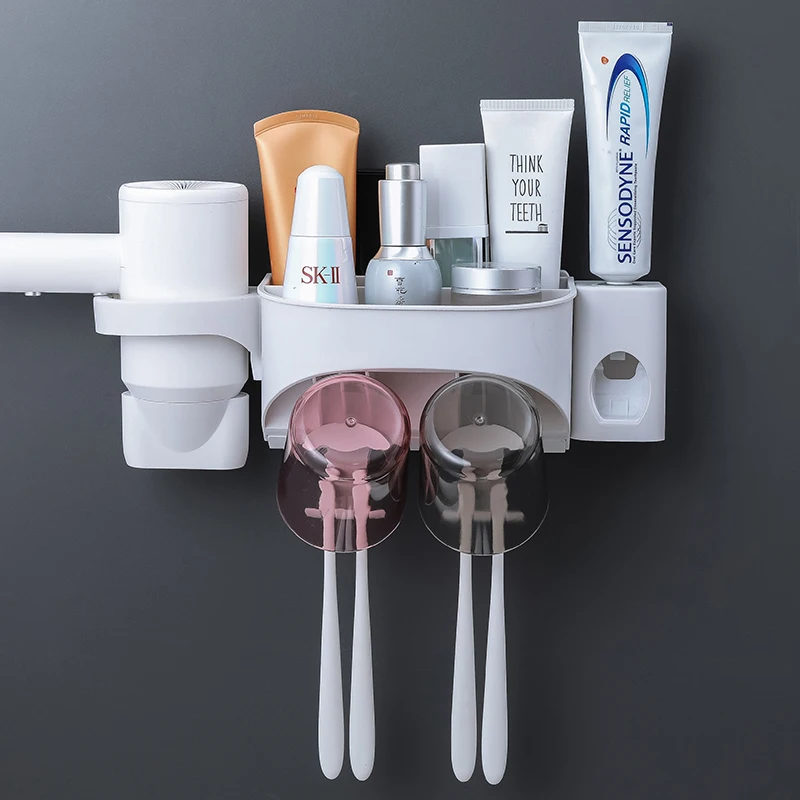 2 Cups Toothpaste 1Pc Автоматический диспенсер для зубной пасты, соковыжималка, держатель для зубной щетки, стойка для хранения макияжа, фен, полка-органайзер для ванной, аксессуары - Цвет: 2 Cups Toothpaste