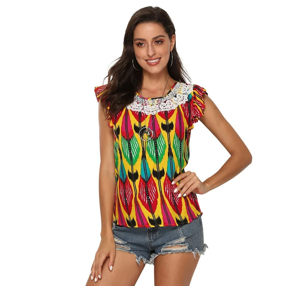 

Multicolor Lacework O-neck Tank Top Mujer Loose Waist Graphic Tee Vintage Elastic Sleeveless Shirts for Women Free Shipping