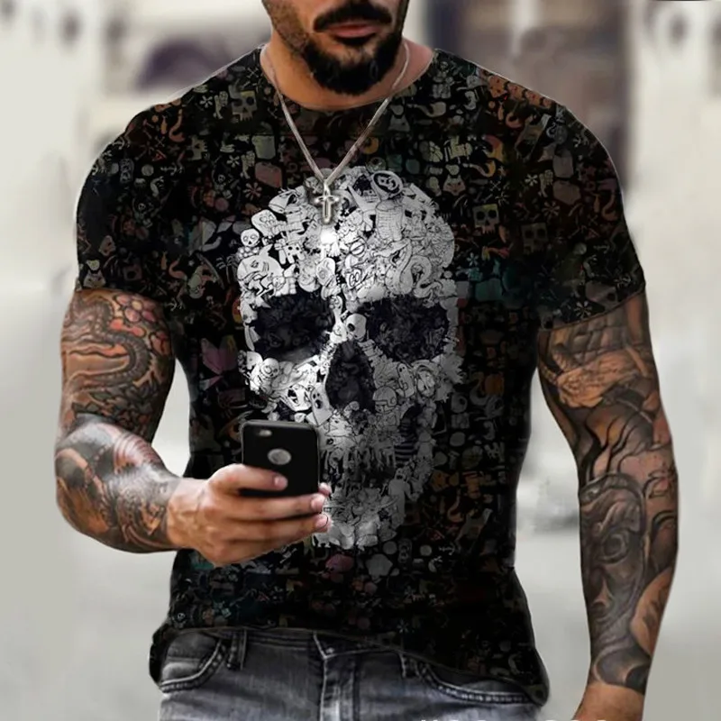 

Black skull print T-shirt men's fashion gothic print short-sleeved retro streetwear summer new polyester material