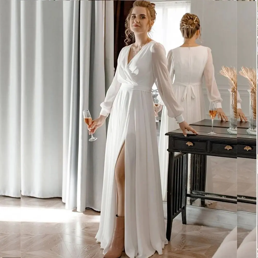 

Elegant Weddding Dresses 2021 Side Split V Neck Long Sleeves Pleat Bow Sashes A-Line Sweep Train Bridal Gowns Vestido De Novia