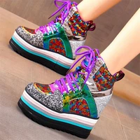 women shiny glitter cow leather platform wedge ankle boots fashion sneakers high heels lace up casual party pumps creepers