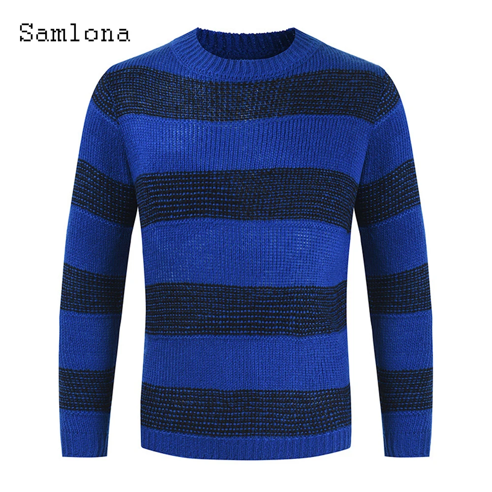 Samlona Plus Size 3xl Men Knitted Sweater Mens Streetwear 2022 Spring Long-sleeved Top Pullovers Autumn Fashion Striped Sweater