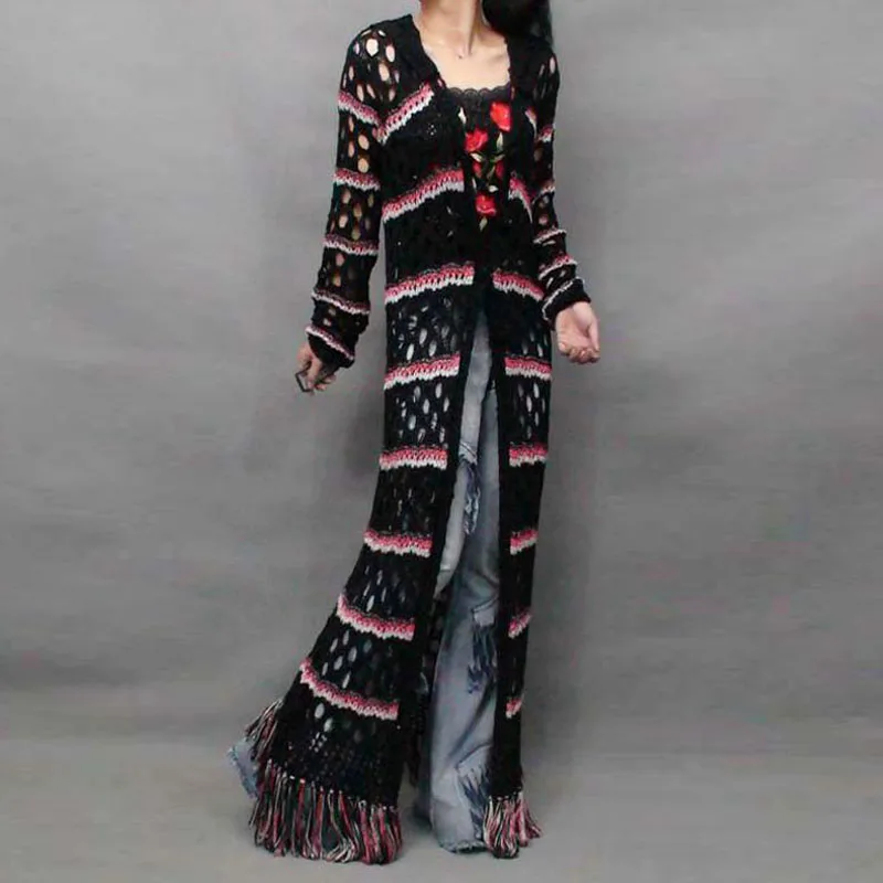 Женский трикотажный кардиган с кисточками повседневное длинное пончо разрезом