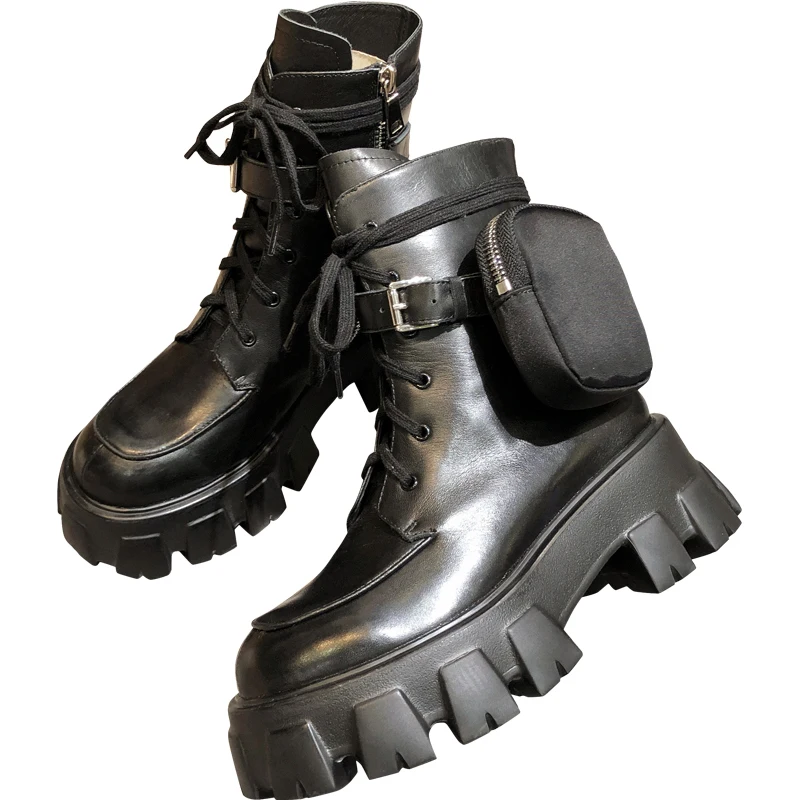 Женские ботинки-мартинсы с карманами Подиумные ботильоны на толстой подошве со