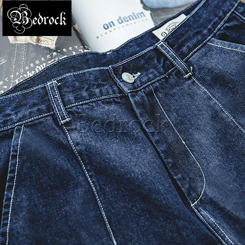 

Bedrock Japanese retro dark blue washed denim jeans pure cotton mid-waist loose jeans straight pants for men