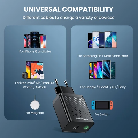 Зарядное устройство Elouhg с портом USB Type-C и поддержкой быстрой зарядки, 20 Вт