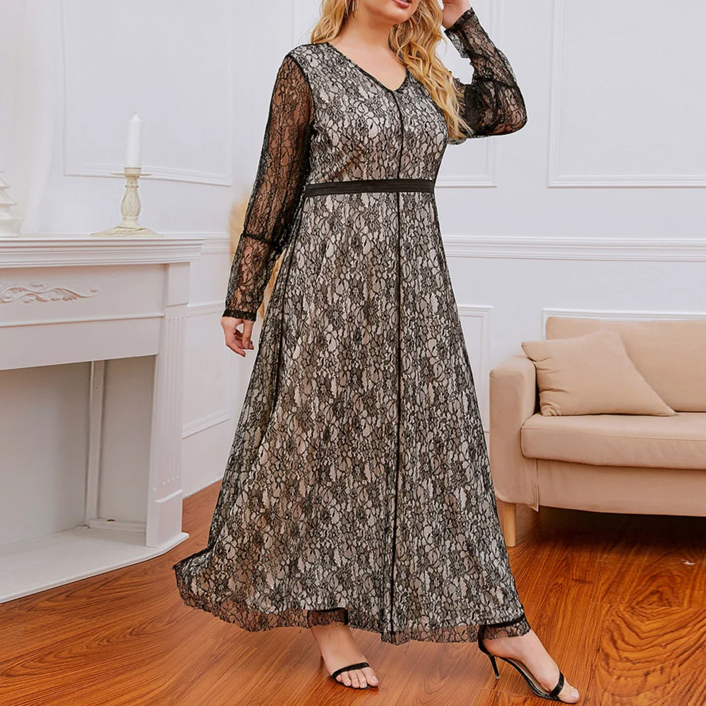 

Western Style Fashion Women's Dress Temperament Elegant Oversize Indie Lace Splicing Perspective V-neck Long Sleeve 2021