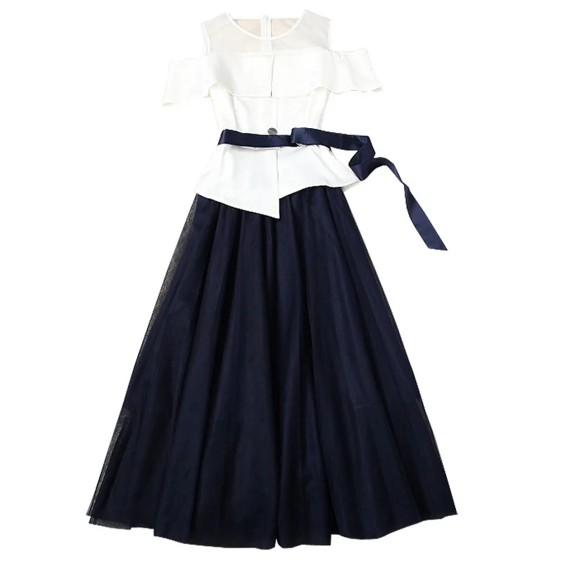 

Women long mesh skirt and top set summer 2020 cut out cold shoulder ruffles sashes tops sexy see through blouse two piece outfit