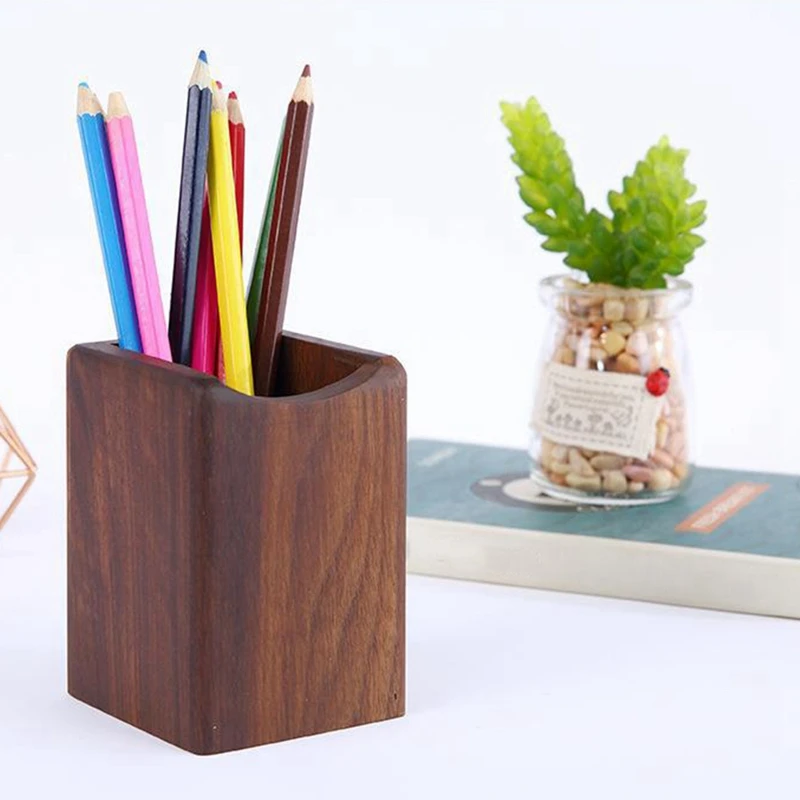 

2 Pcs Natural Wooden Pen Pencil Holder & 1 Pcs Black Walnut Desktop Storage Box