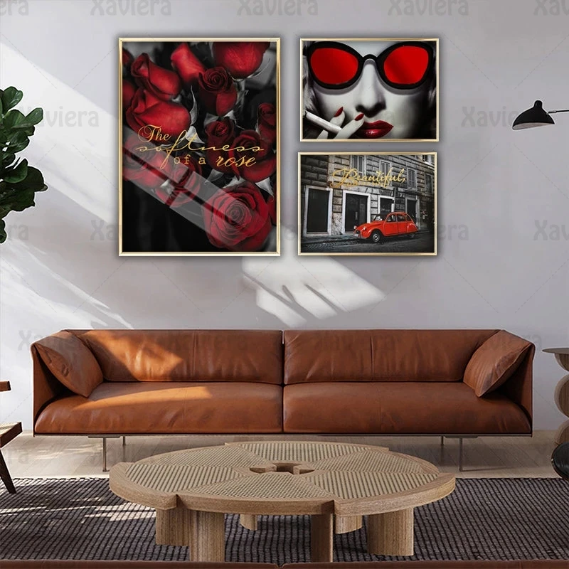 

Modern Red Rose Sunglasses Lady Vintage Street Landscape Canvas Painting Nordic Posters and Prints Wall Decor Living Room Mural