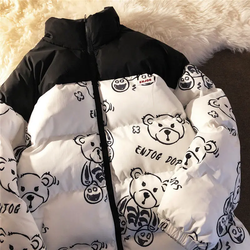 

Fashion Women's Winter Jacket 2021 New Vintage Bread Clothing Round Neck Warm Tops Parkas Women Clothes Zipper Little Bear Coat