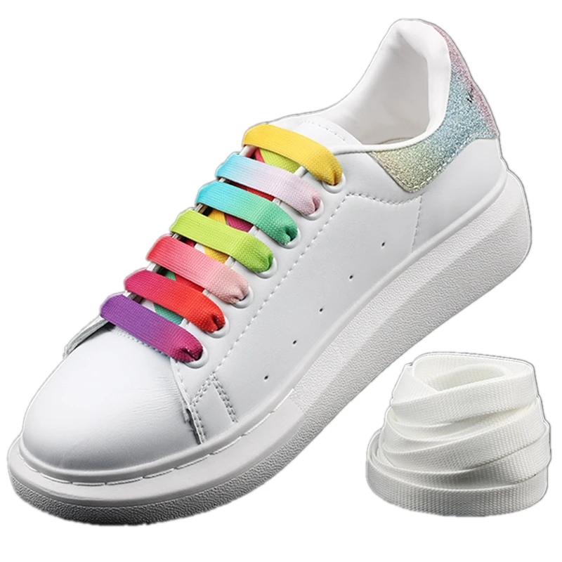 

1 Pair Rainbow Shoe Laces MCQ Classic Casual White Shoes Flat Shoelaces Precision Weaving Unisex Gradient Color Shoelace